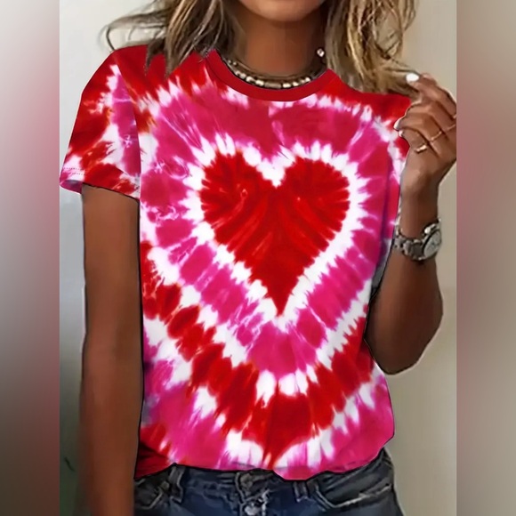 Tops - NEW Heart Tie-Dye Women's T-shirt. Pink/red/white. Fun & cheerful.